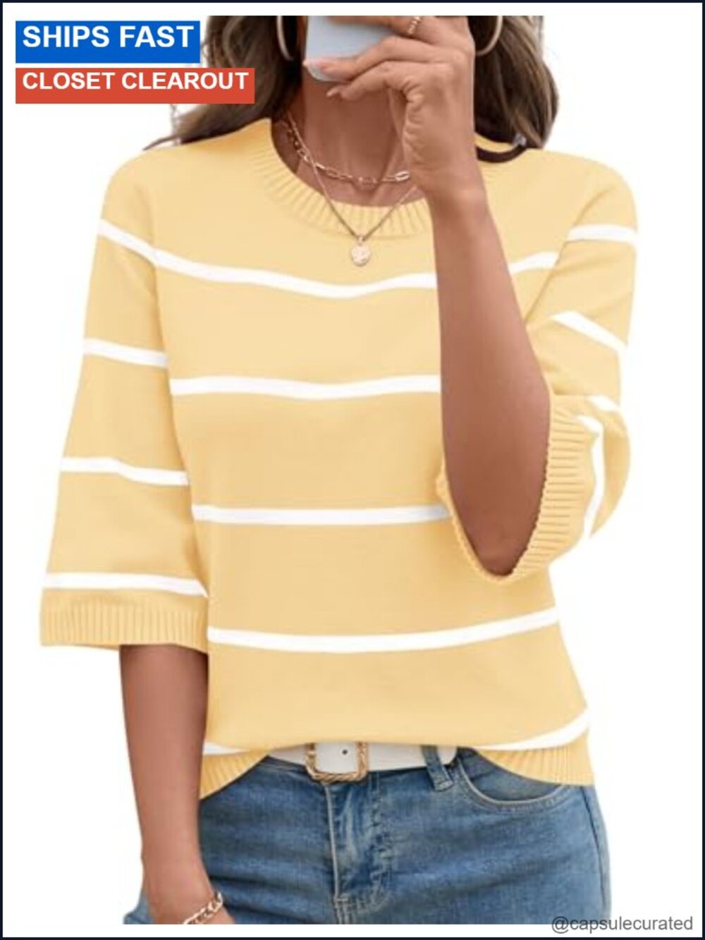 Women's Striped 3/4 Sleeve Crew Neck Pullover Sweater Lightweight Knit Relaxed